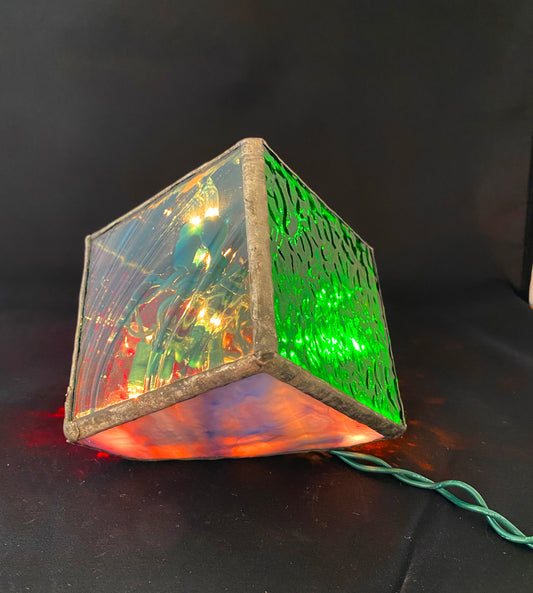 Lighted Gem: Stained Glass Angled Cube Lamp