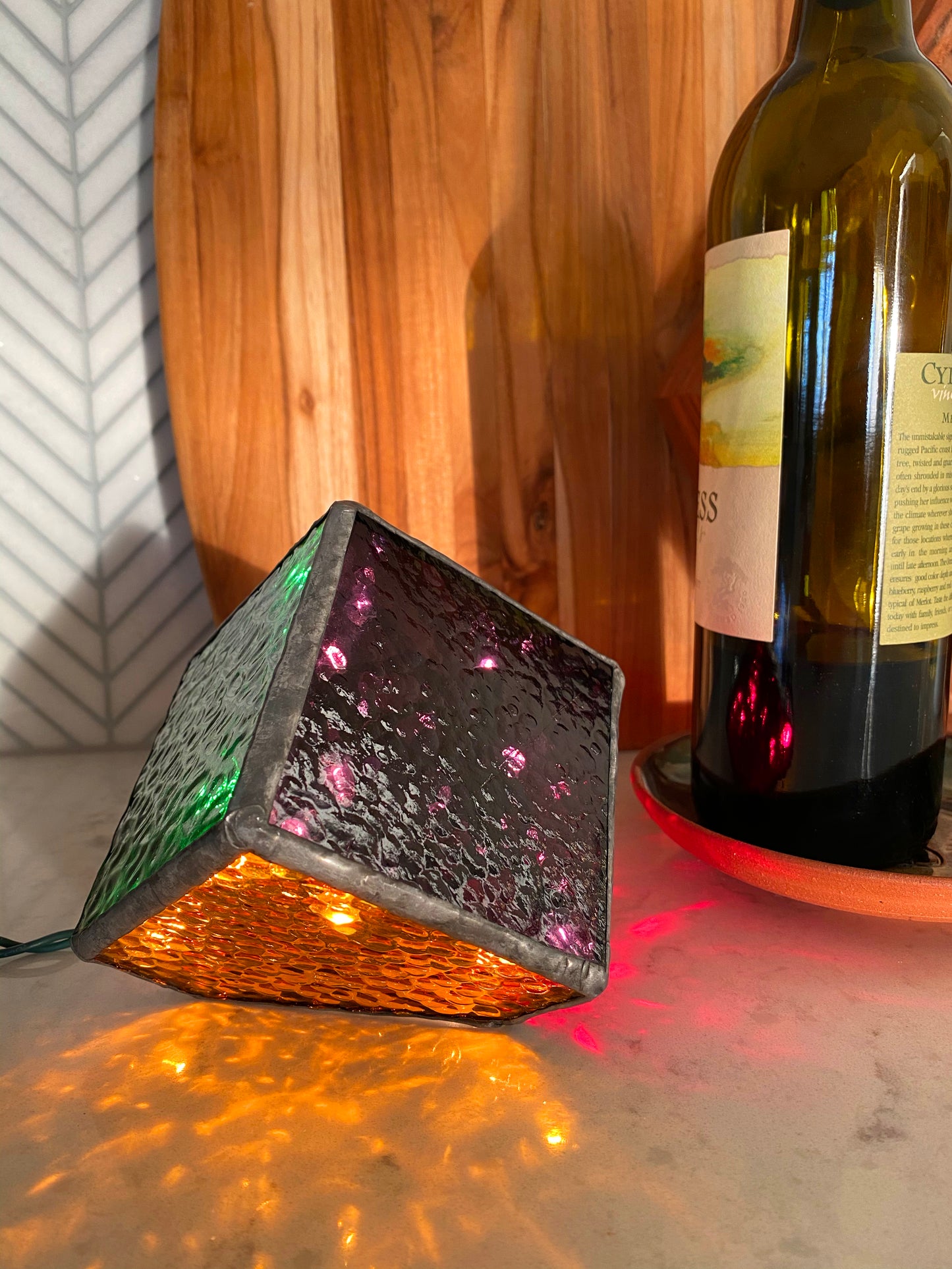 Lighted Gem: Stained Glass Angled Cube Lamp