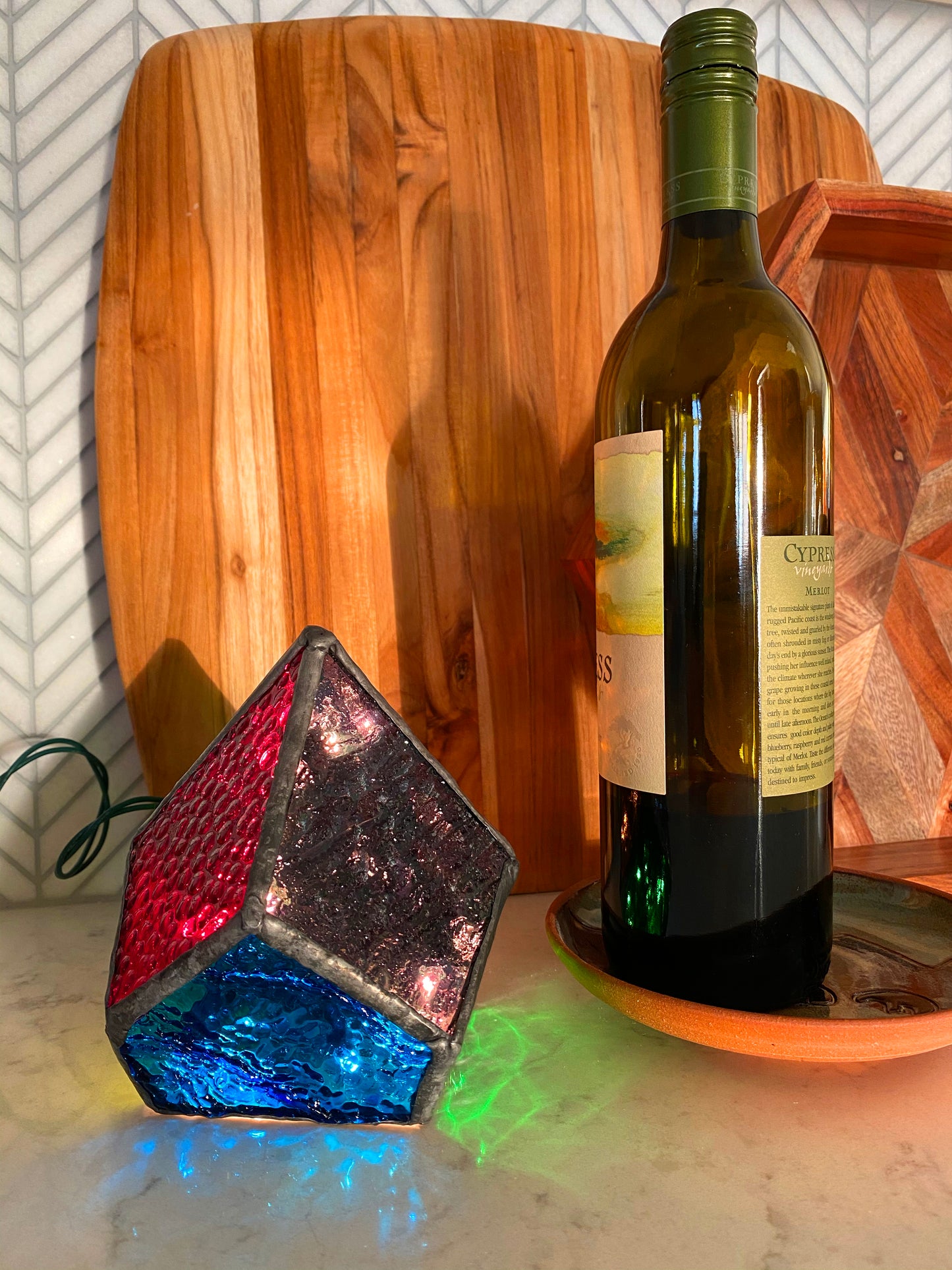 Lighted Gem: Stained Glass Small Geometric Prism Lamp