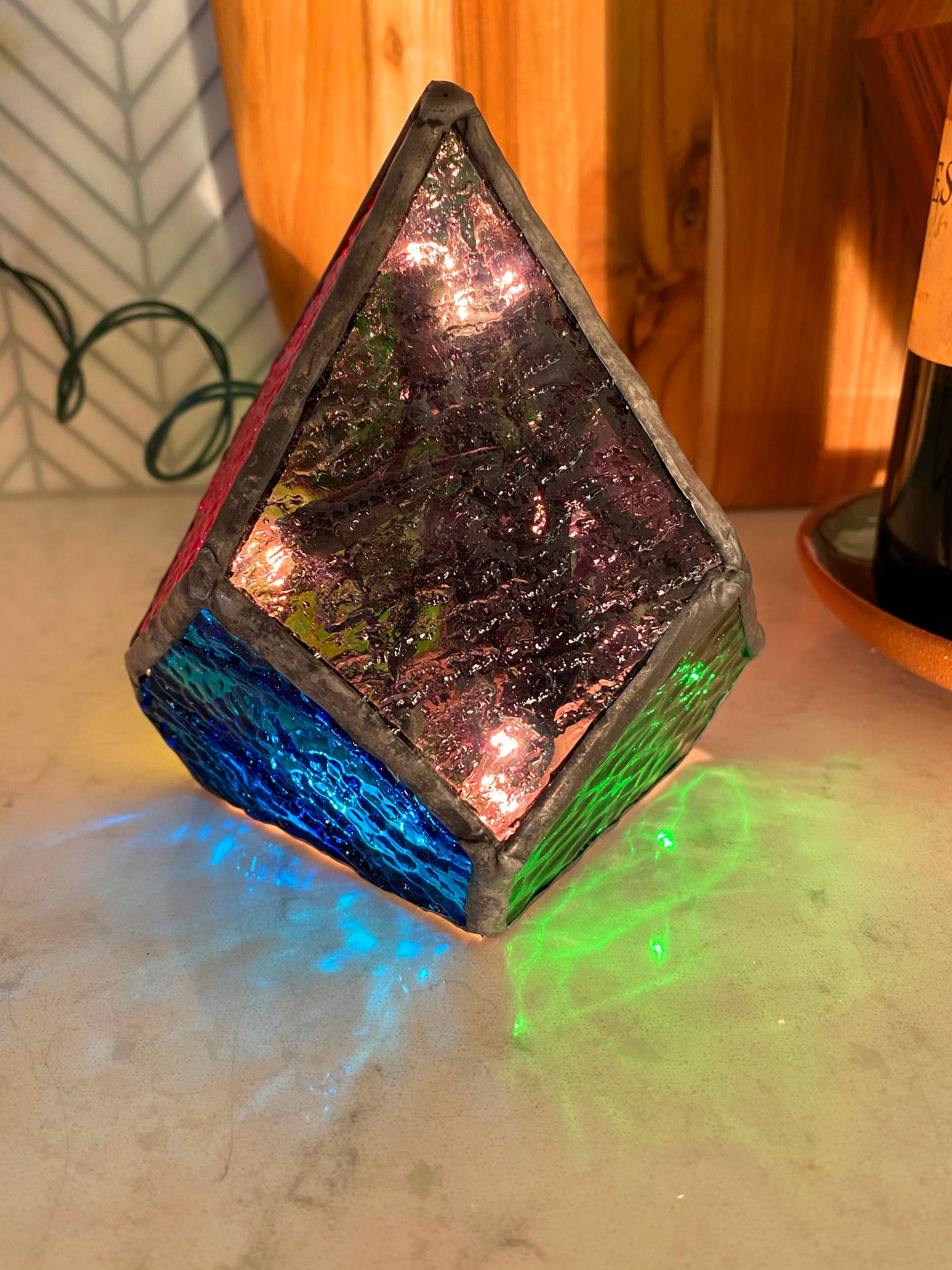 Lighted Gem: Stained Glass Small Geometric Prism Lamp